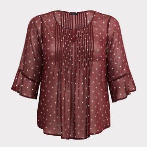 Torrid size 4 Burgundy Pintuck Chiffon Blouse with white stars and 3/4 sleeves